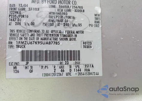 2005 Ford Explorer Sport Trac Adrenalin/Xls/Xlt from USA, damaged, VIN 1FMZU67K95UA87785